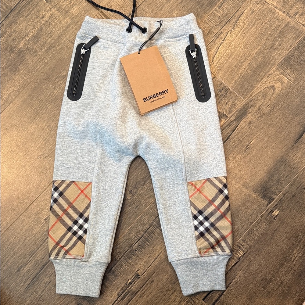 Burberry Kids Gray Joggers with Checkered Accents